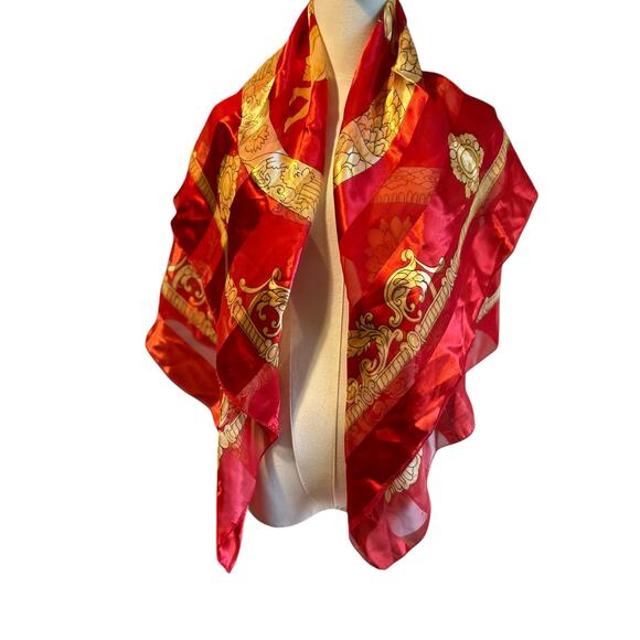Scarf Shawl Neck Head Red Gold Square Silk Damask Vertical Striped 40" x 40" - Picture 5 of 7